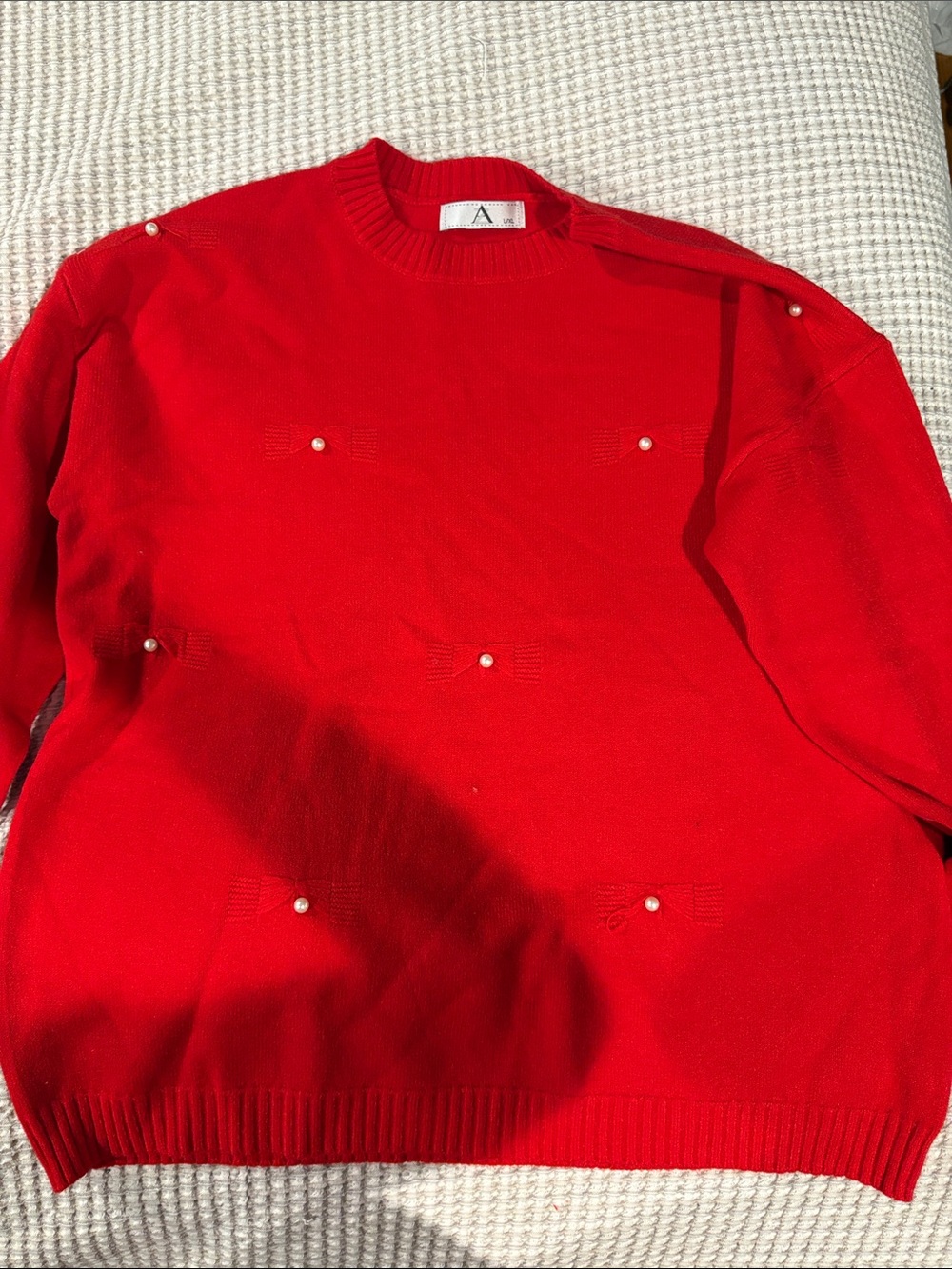 Red Pearl-Embellished Crewneck Sweater - Unbranded